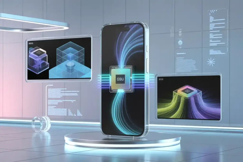 Smartphone GPU concept showing advanced mobile graphics chip technology and performance visualization.