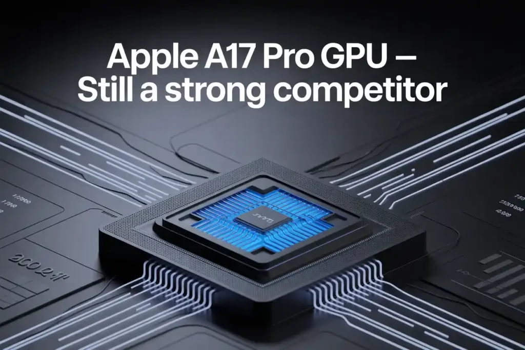 Apple A17 Pro GPU chip close-up showing advanced graphics design and performance power.