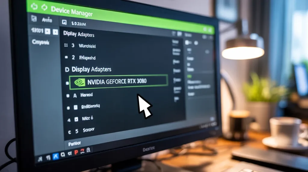 Monitor showing NVIDIA GPU in Device Manager — clear steps to find GPU in Device Manager on Windows.