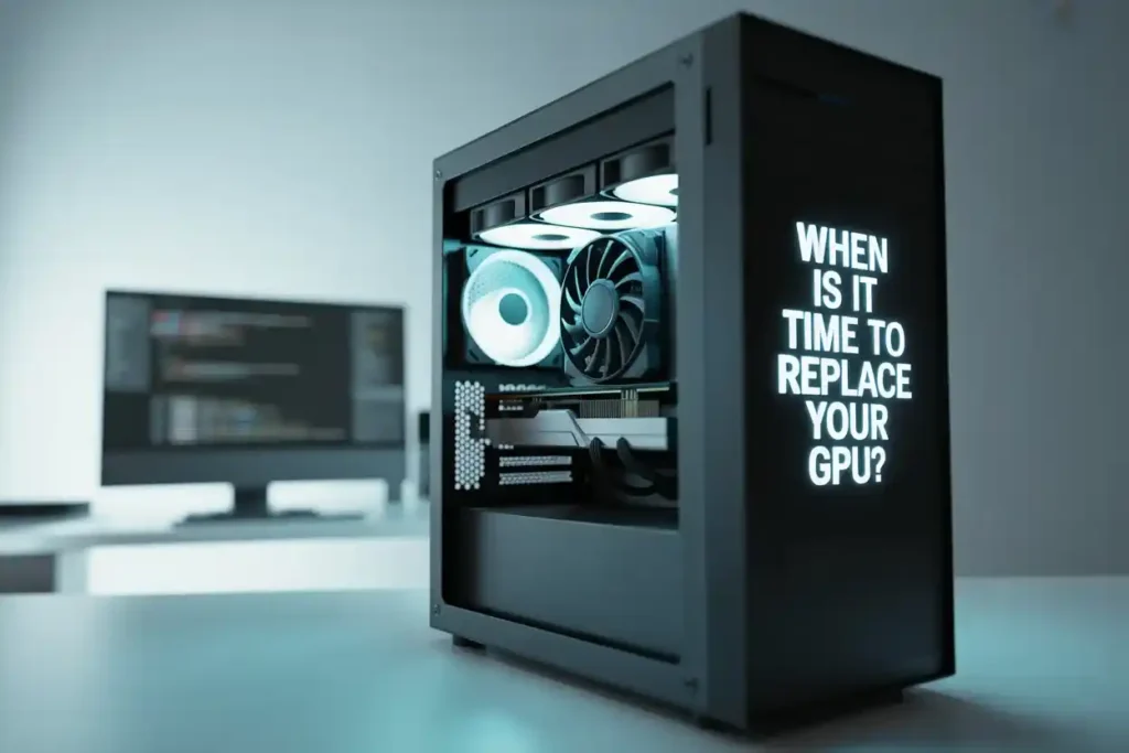 Modern desktop PC with visible GPU and cooling fans, featuring glowing text on the side panel that reads 'When is it time to replace your GPU?' in a clean, tech-focused workspace.