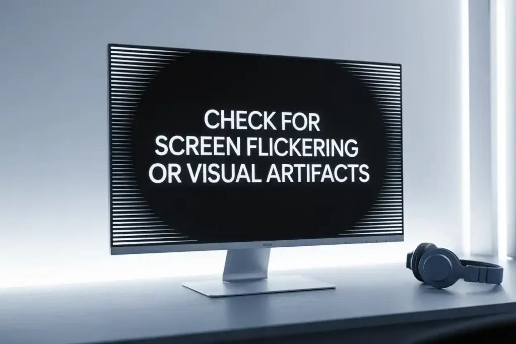 A widescreen monitor displaying the message "Check for screen flickering or visual artifacts" with a striped background, placed on a clean desk beside a pair of headphones in a modern, minimal setup.
