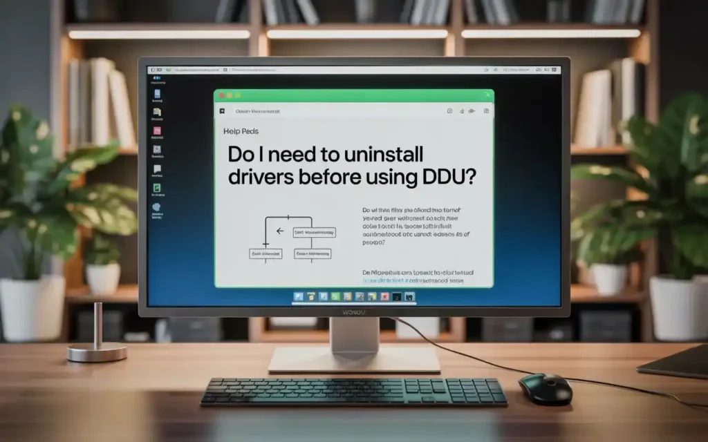 Desktop monitor displaying a guide titled “Do I need to uninstall drivers before using DDU?” with a clean workspace, plants, and keyboard in view.