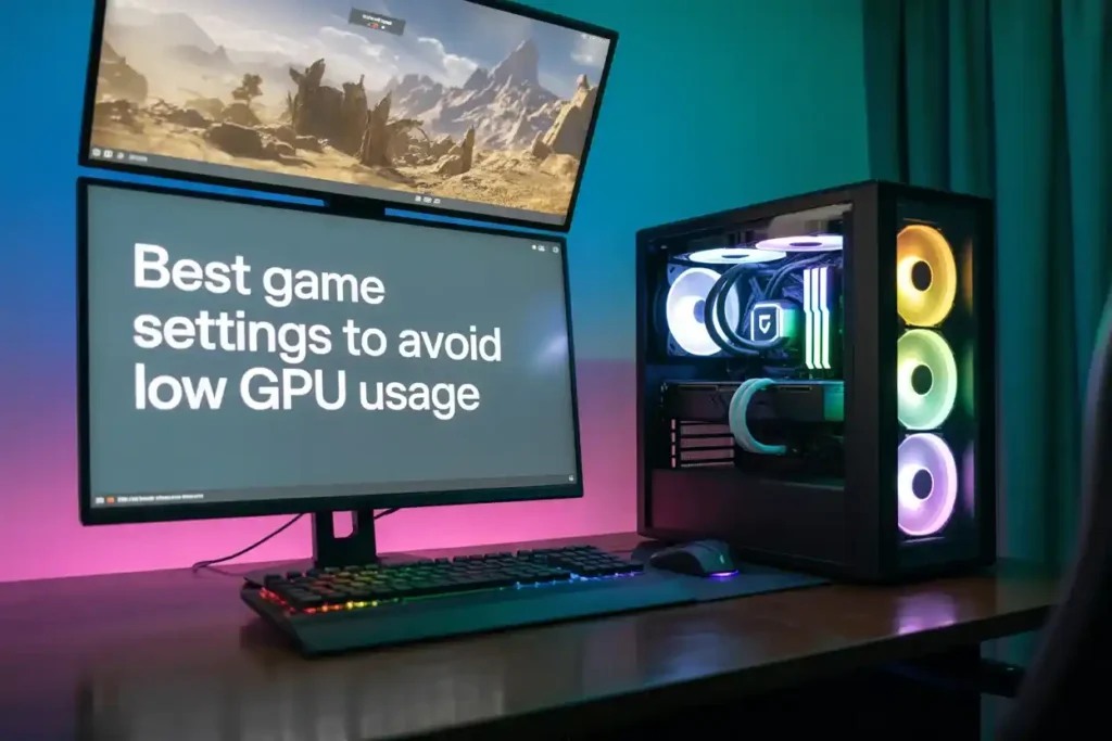 Gaming PC setup with dual monitors and RGB lights; screen shows text "Best game settings to avoid low GPU usage" while the top monitor displays a game scene.
