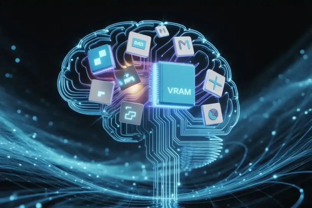 Digital brain illustration with VRAM chip and icons, representing how to check GPU VRAM for performance tasks.