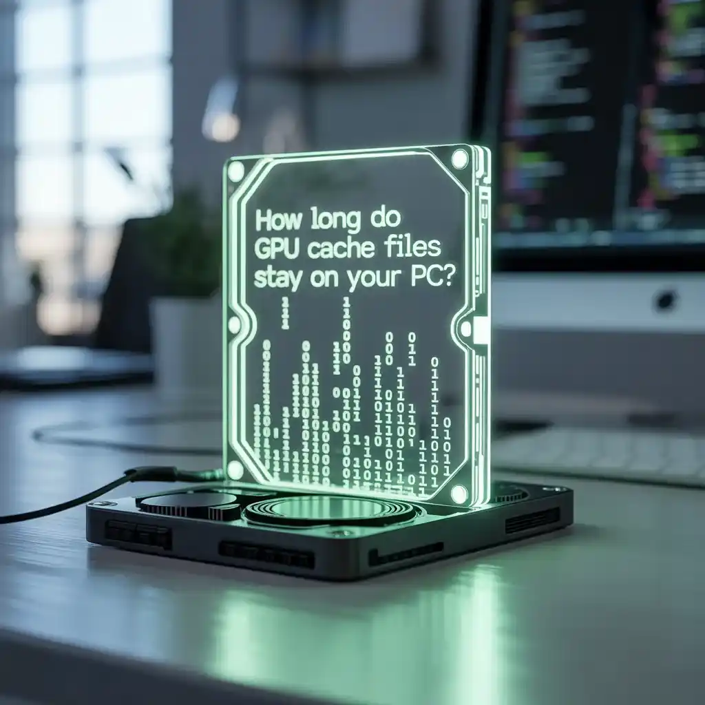 Server monitor showing expert tips to manage GPU Cache Folder on Desktop with glowing green wave design.
