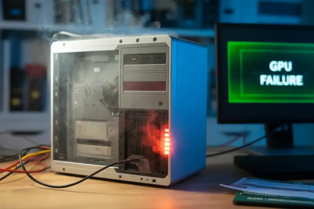 Desktop computer with visible smoke and red lights indicating overheating, while a nearby monitor displays a 'GPU Failure' warning.