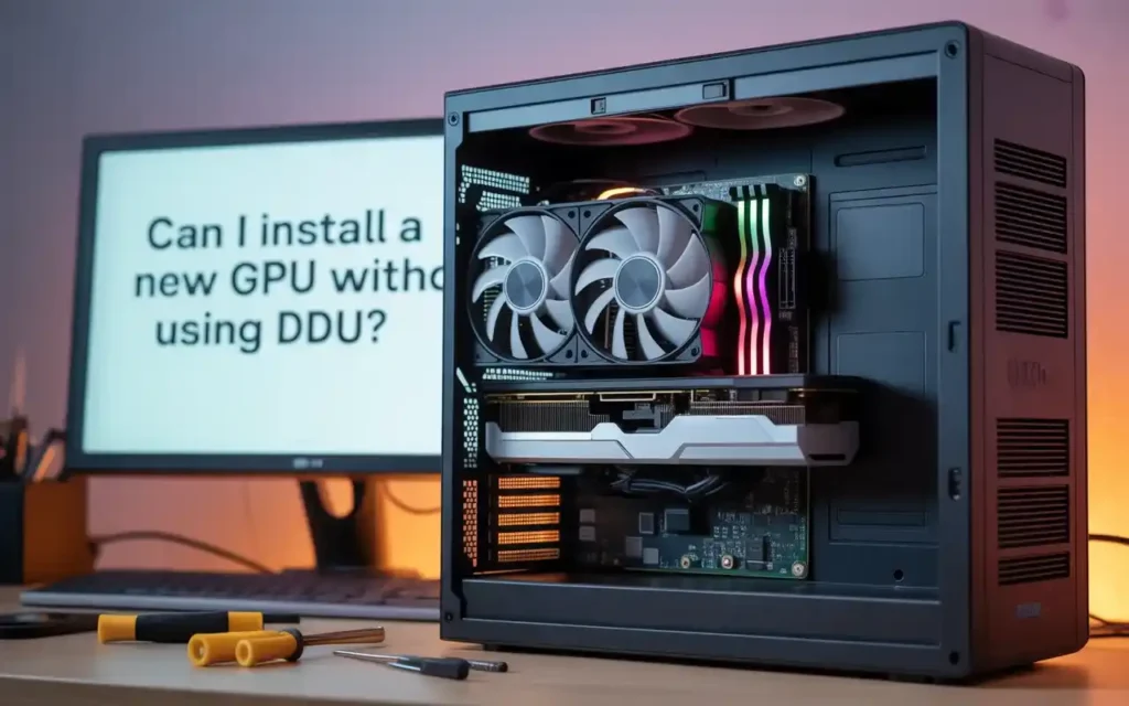 Open PC case showing a newly installed GPU with RGB RAM, tools on desk, and monitor displaying “Can I install a new GPU without using DDU?” — GPU upgrade setup.