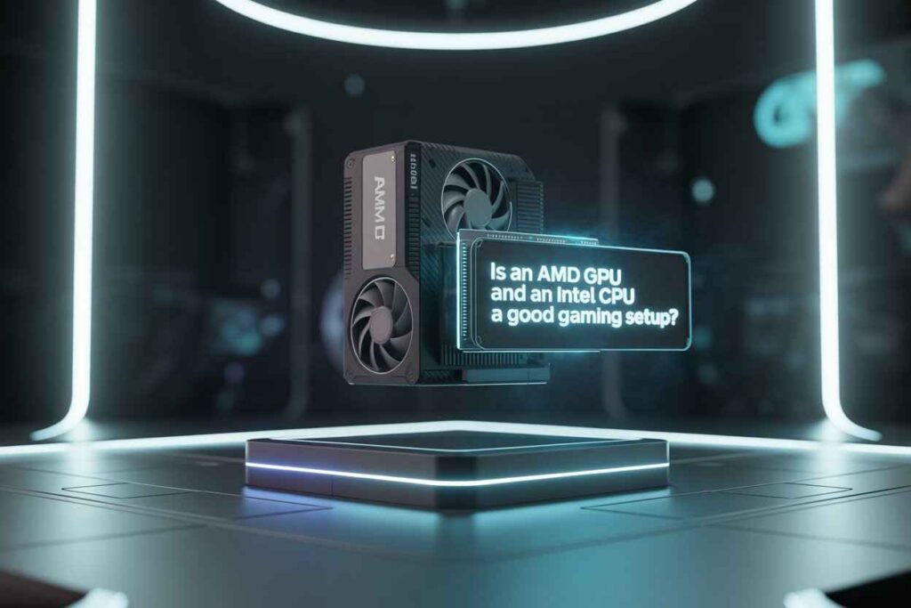 AMD GPU paired with Intel CPU displayed in a futuristic setup, highlighting compatibility for gaming – Can you use an AMD GPU with an Intel CPU.