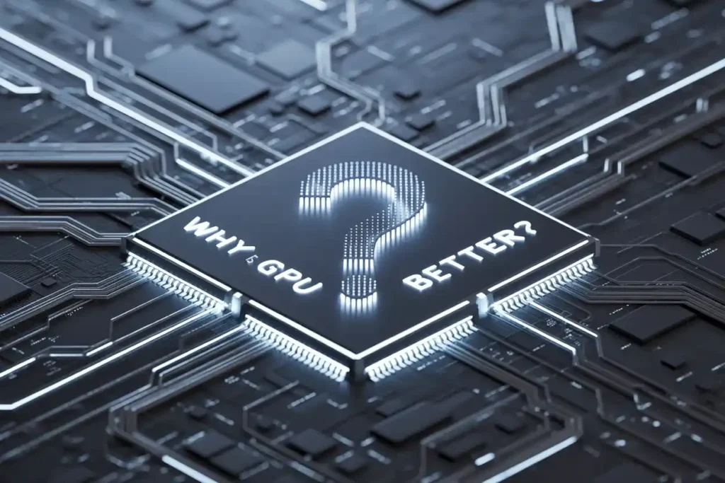 Futuristic chip with glowing question mark and text “WHY IS GPU BETTER?” on a circuit.