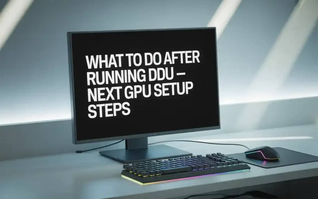 Monitor displaying “What to do after running DDU – Next GPU setup steps” with a gaming keyboard and mouse on a modern white desk setup.