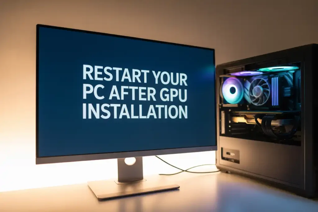 A computer monitor displaying the message "Restart your PC after GPU installation" next to a desktop PC with RGB-lit GPU and cooling fans inside.