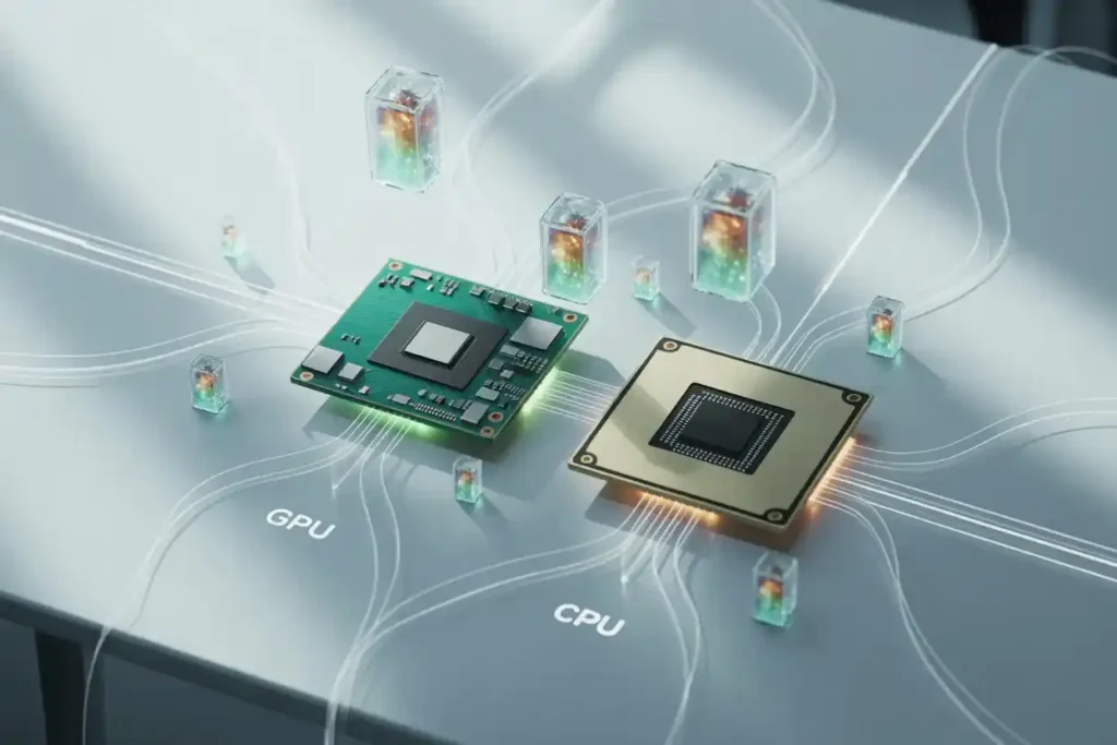 Visual comparison of a GPU and CPU chip on a table, with glowing data lines and labeled sections showing their roles.