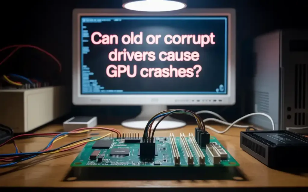 A computer monitor displaying the question "Can old or corrupt drivers cause GPU crashes?" with a lit desk setup, circuit board, and connected wires in front of the screen.