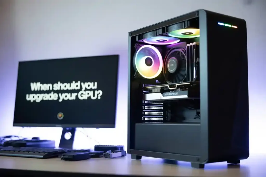 A modern gaming PC with RGB lighting and a visible graphics card setup on a desk next to a monitor displaying the question, 'When should you upgrade your GPU?'