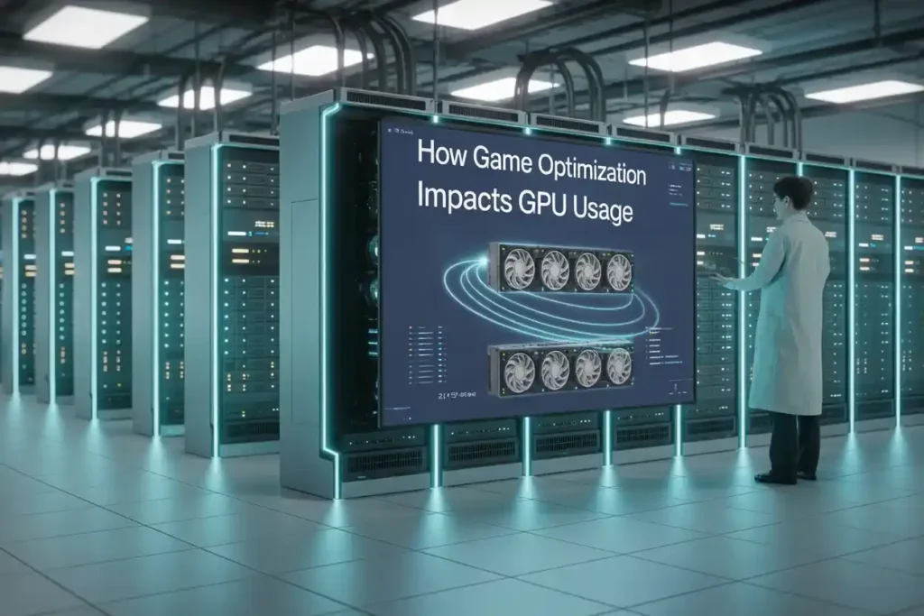 A data center engineer stands in front of a large server display showing “How Game Optimization Impacts GPU Usage,” with GPU cooling fans and system data visualized on the screen, surrounded by illuminated server racks in a modern tech facility.