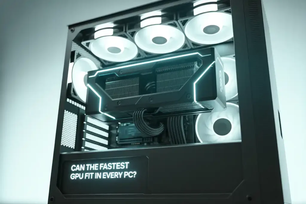 A high-end gaming PC with RGB lighting showcasing a large, modern GPU inside the case. The GPU is horizontally mounted and surrounded by several cooling fans.