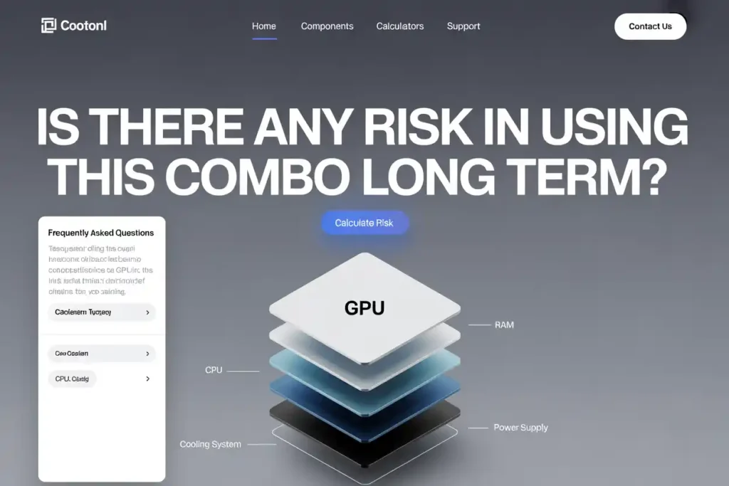Multi-layered hardware stack labeled CPU, Cooling, Power Supply, RAM, topped with GPU, with headline ‘Is there any risk in using this combo long term?’ and a “Calculate Risk” button.