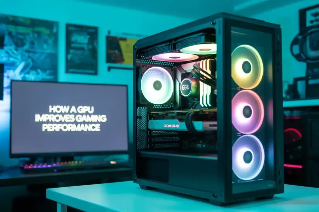 Modern gaming PC setup with RGB fans and GPU installed, next to a monitor displaying.“How a GPU Improves Gaming Performance."
