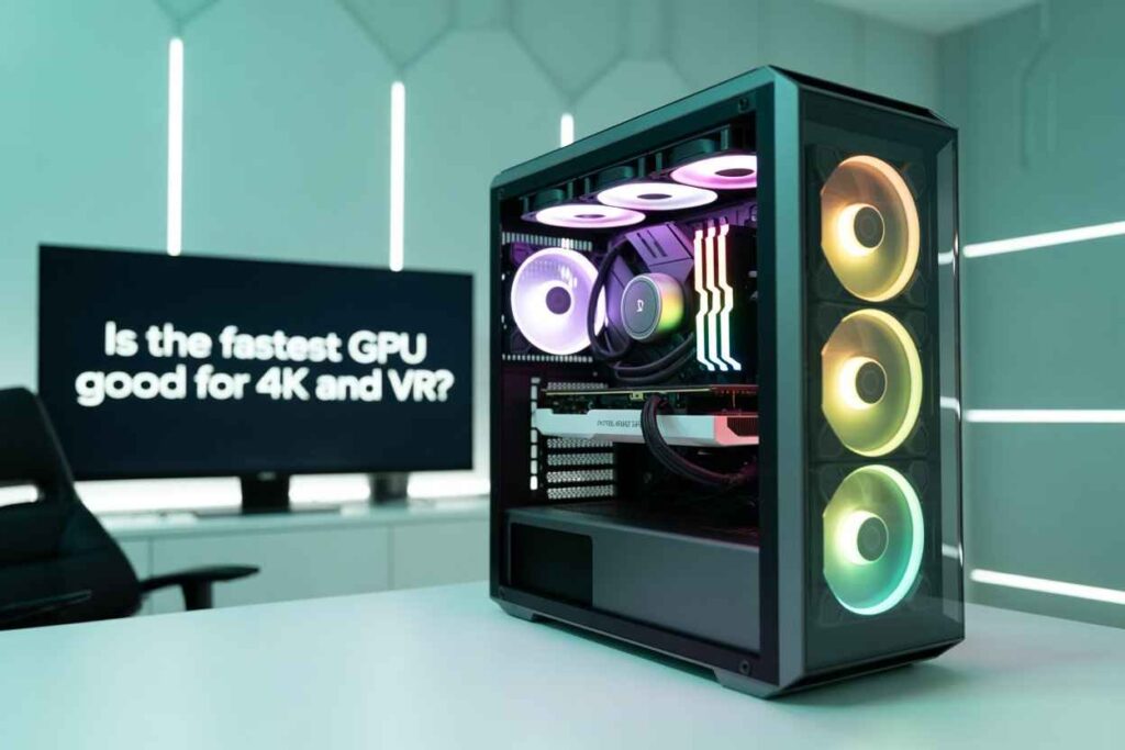 A high-end gaming PC with RGB lighting and liquid cooling is displayed on a desk, with a monitor in the background showing the text: “Is the fastest GPU good for 4K and VR?.