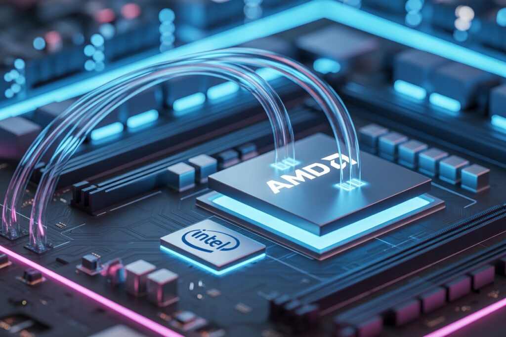 AMD GPU and Intel CPU connected on a futuristic motherboard, showcasing compatibility between AMD graphics and Intel processors.