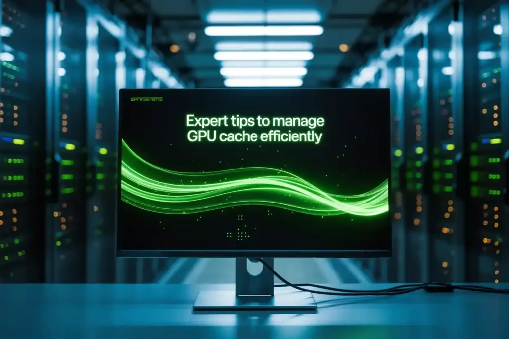 Monitor in server room displaying expert tips to manage GPU Cache Folder on Desktop efficiently with green graphics.