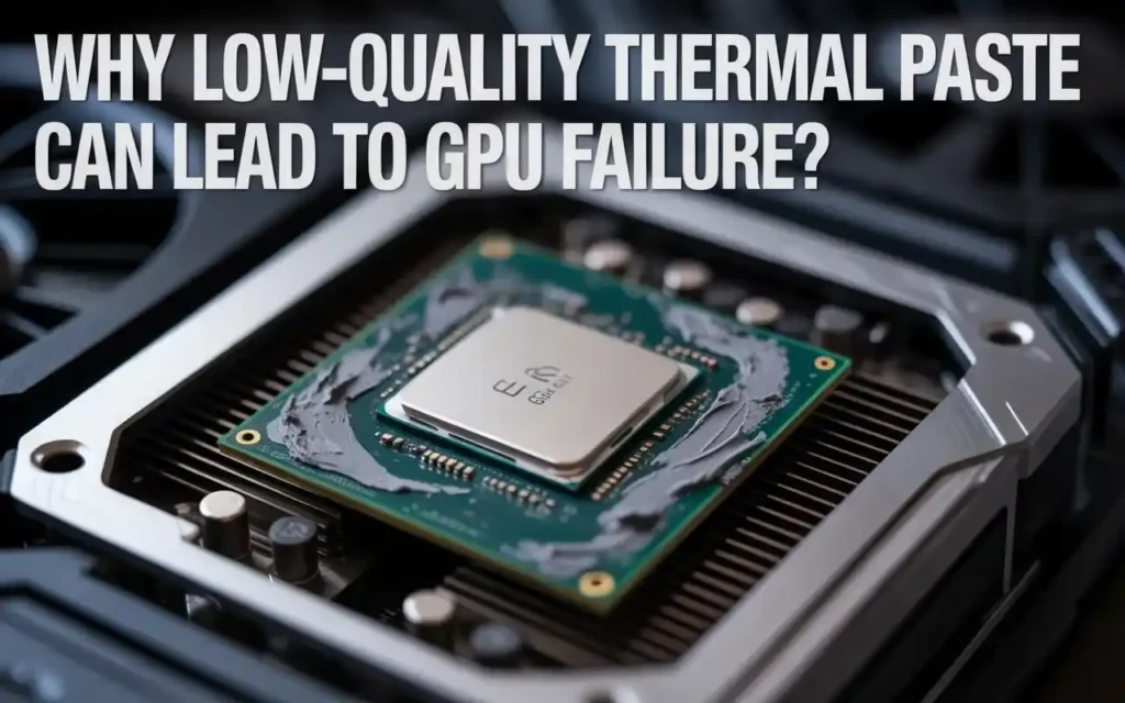Close-up of a GPU chip with poorly applied thermal paste and the text “Why low-quality thermal paste can lead to GPU failure?” displayed above it.
