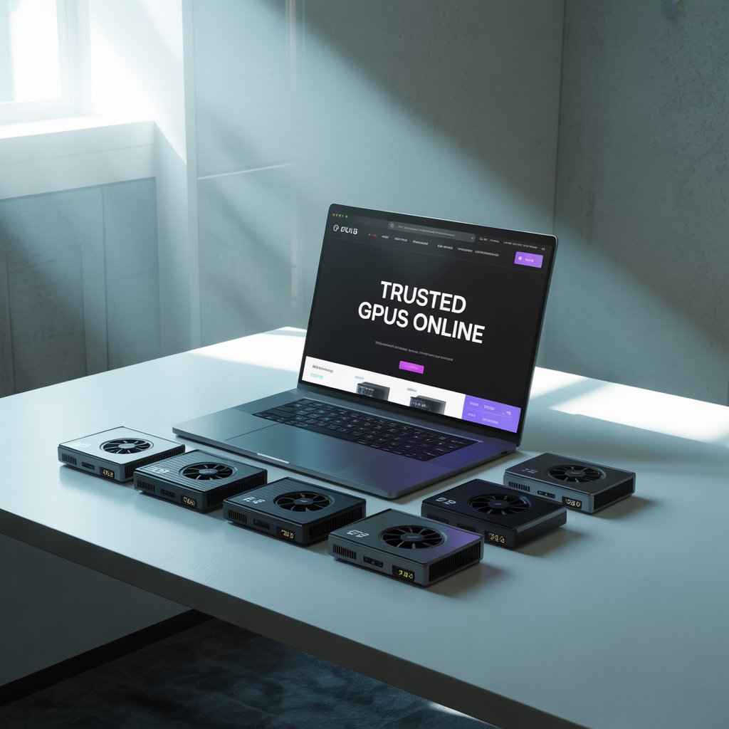 A laptop on a white table displaying a website that reads 'Trusted GPUs Online', surrounded by multiple compact graphics cards arranged in front of it.