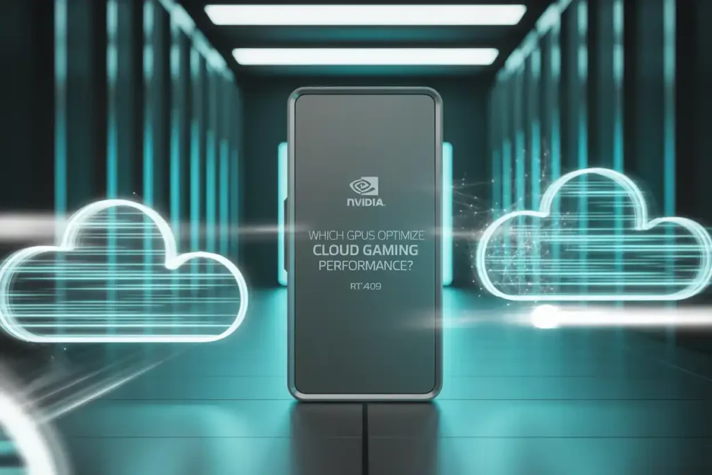 NVIDIA GPU in a futuristic data center with glowing cloud icons, highlighting cloud gaming performance optimization for RTX 409.