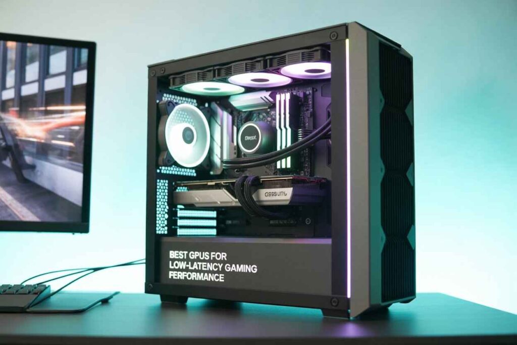 Gaming PC with high-end GPU setup designed for low-latency gaming performance, featuring RGB cooling and a modern desktop build.