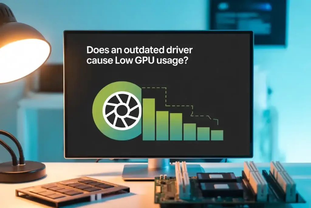 Computer monitor showing the question “Does an outdated driver cause Low GPU usage?” with a declining bar graph and GPU fan icon, placed on a desk with a motherboard and components under a warm desk lamp.