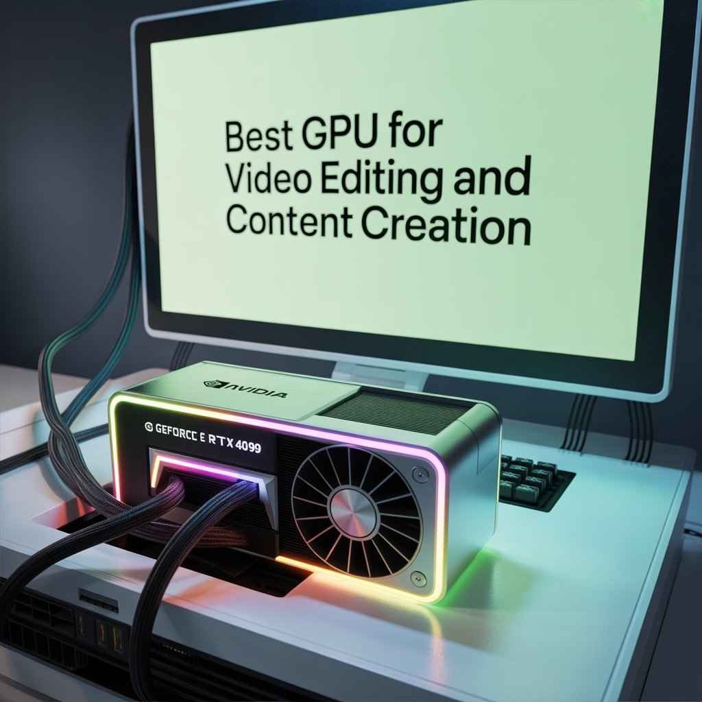 A high-end NVIDIA GeForce RTX 4099 graphics card connected to a desktop PC, with a monitor displaying the text 'Best GPU for Video Editing and Content Creation.