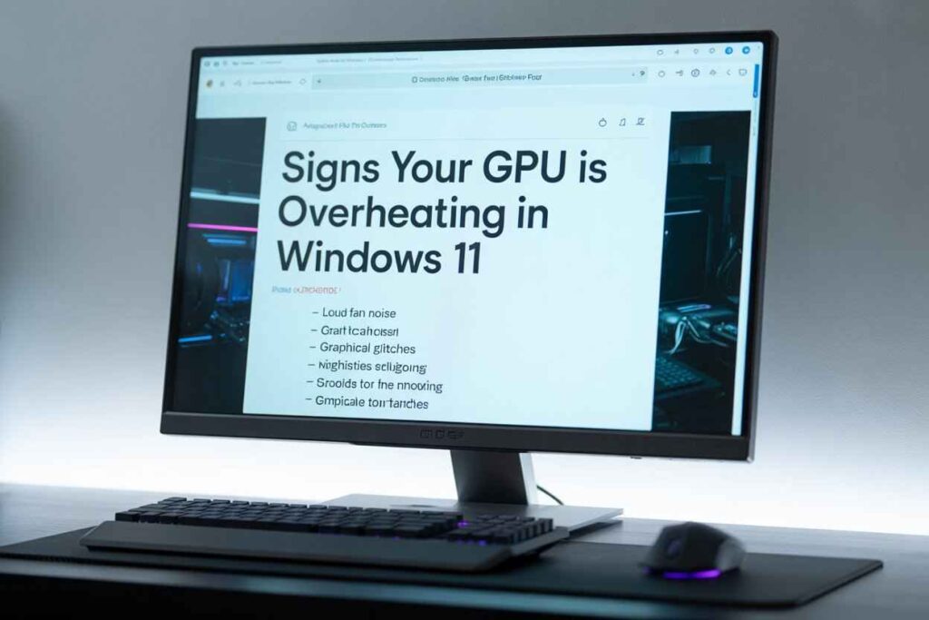 Computer monitor displaying a webpage titled “Signs Your GPU is Overheating in Windows 11” with a list of common overheating symptoms.