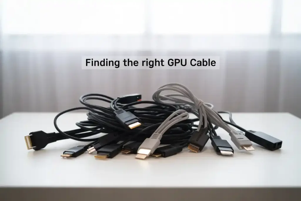 Various GPU cables on a table, showing different types for connecting graphics cards.