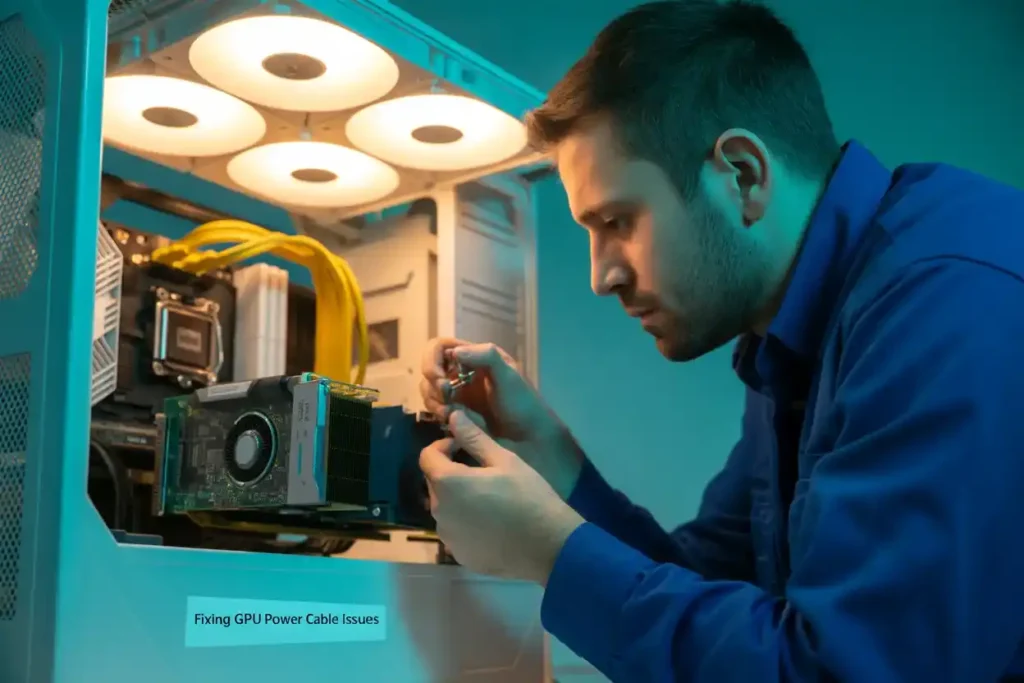 Technician fixing GPU power cable issues inside a desktop PC with visible yellow cables.