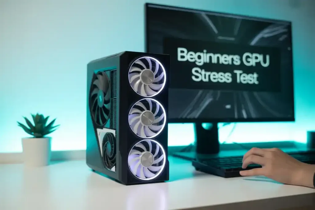 Beginners GPU stress test setup with gaming PC and monitor.