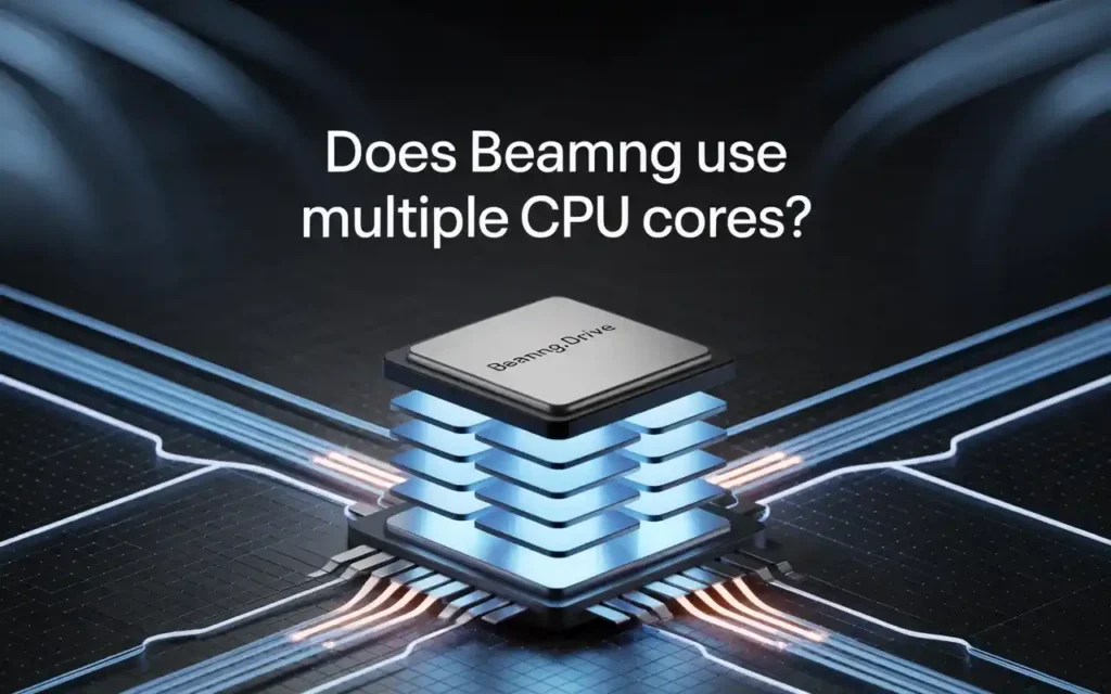 Graphic showing a CPU chip with the text 'Does BeamNG use multiple CPU cores?' indicating BeamNG Drive’s CPU usage focus.