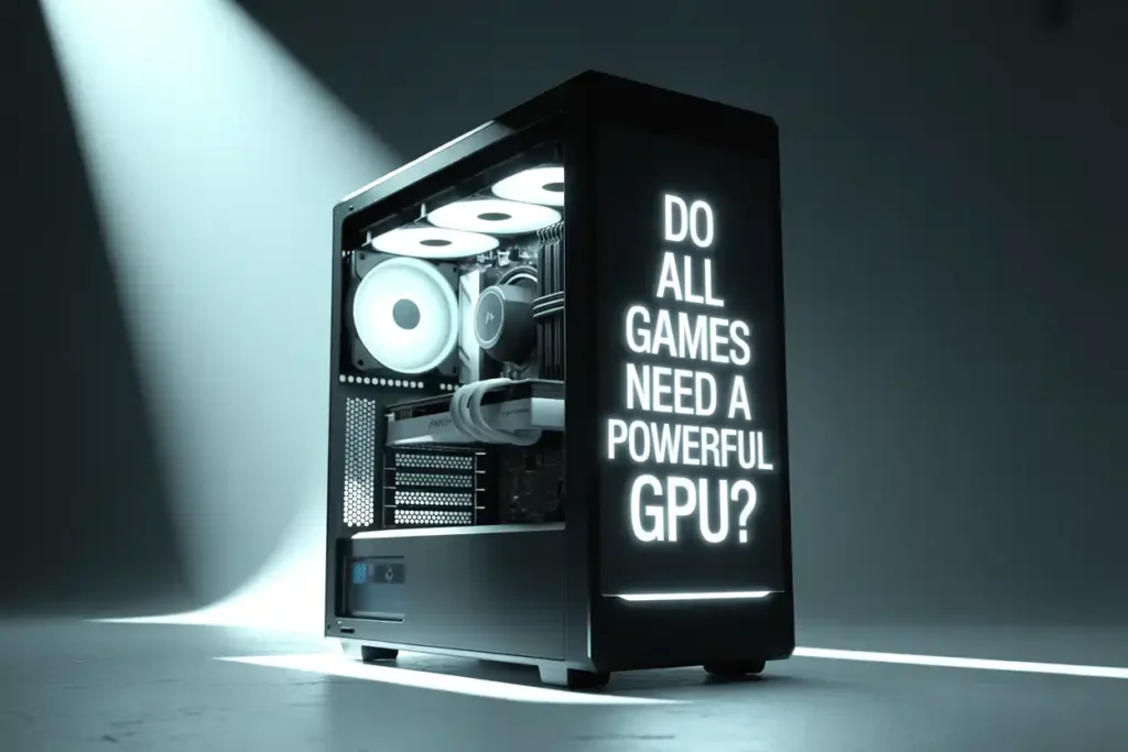 Gaming PC with glowing text: “Do all games need a powerful GPU?”