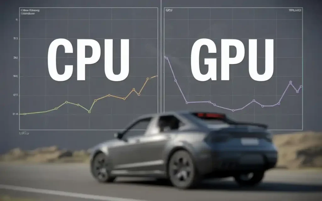 A car driving on a road with performance graphs in the background comparing CPU and GPU usage, highlighting BeamNG Drive’s system demand.