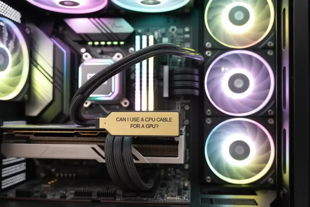 Inside view of a gaming PC showing CPU and GPU power cables with label “Can I use a CPU cable for a GPU?” highlighting cable compatibility issue.