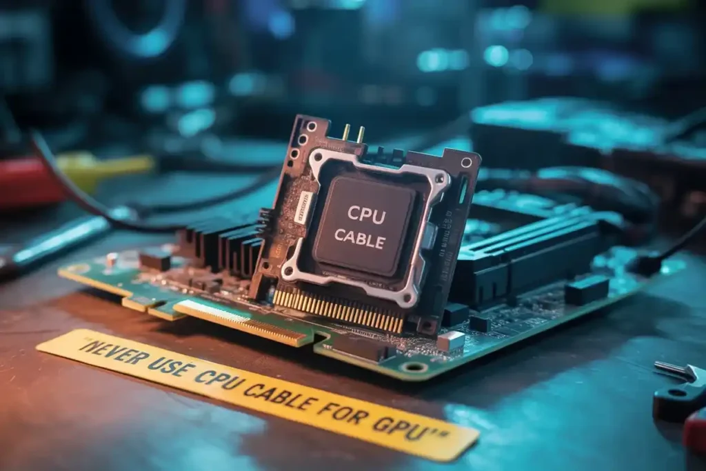Close-up of a computer motherboard with a CPU cable labeled “CPU Cable” and warning text “Never use CPU cable for GPU.