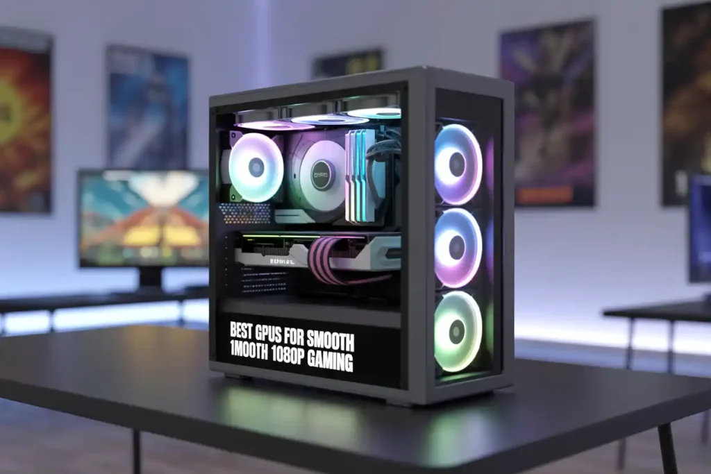 High-performance gaming PC build with RGB cooling fans and powerful GPU for smooth 1080p gaming.
