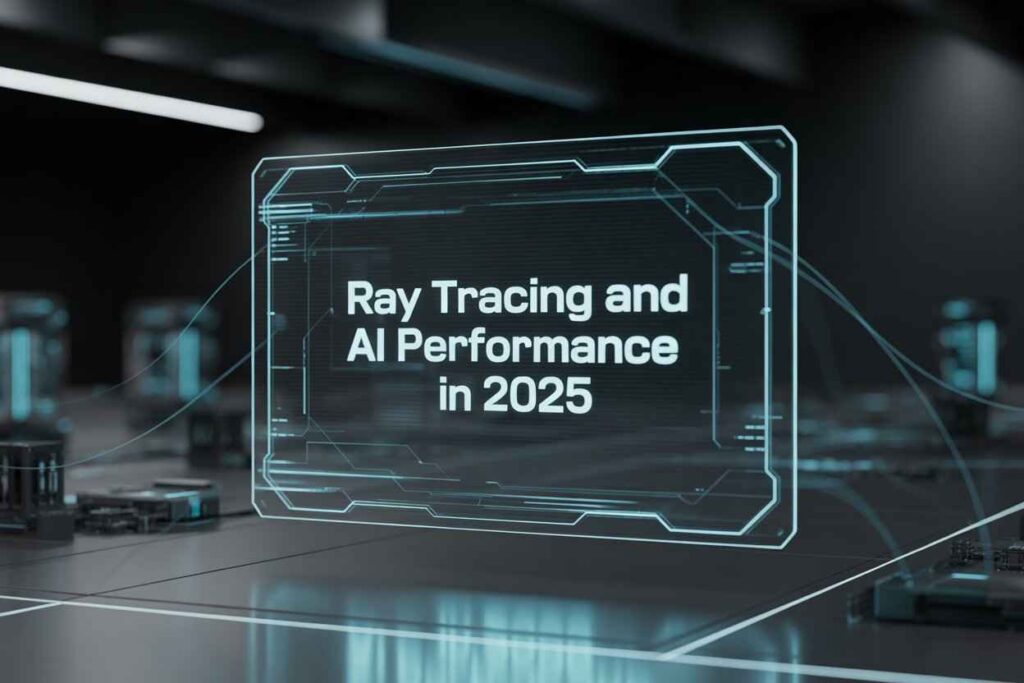 Futuristic digital display showing Ray Tracing and AI performance in 2025 for next-gen GPUs.