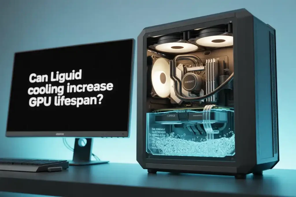 Liquid cooling PC build with RGB fans and water loop shown beside a monitor displaying the text “Can liquid cooling increase GPU lifespan?”