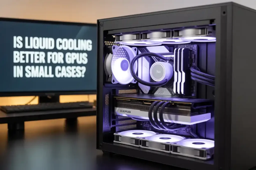 PC build with liquid cooling system and RGB fans, placed beside a monitor displaying the text “Is liquid cooling better for GPUs in small cases?”