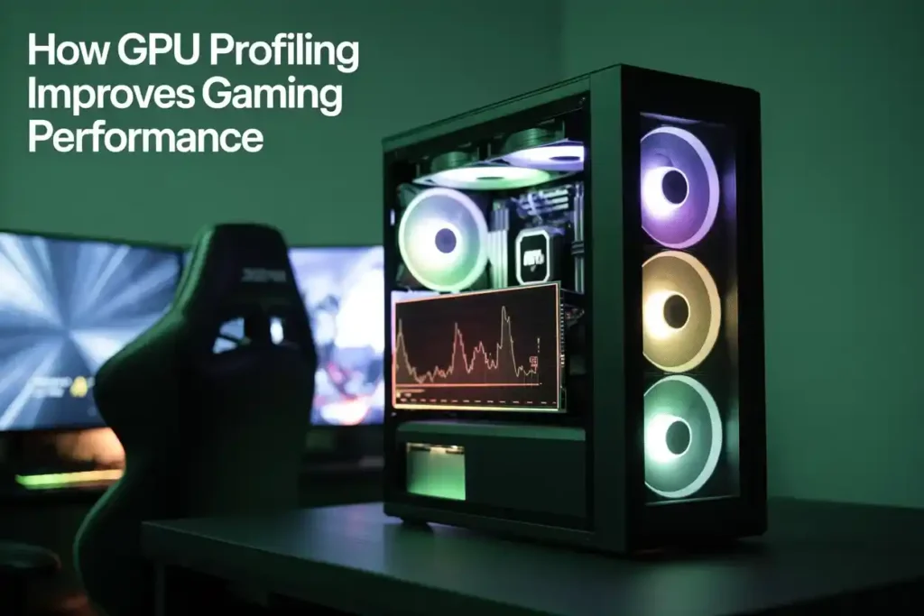 Gaming PC with RGB lights displaying GPU profiling graph on screen, showing how GPU profiling improves gaming performance in a modern setup.