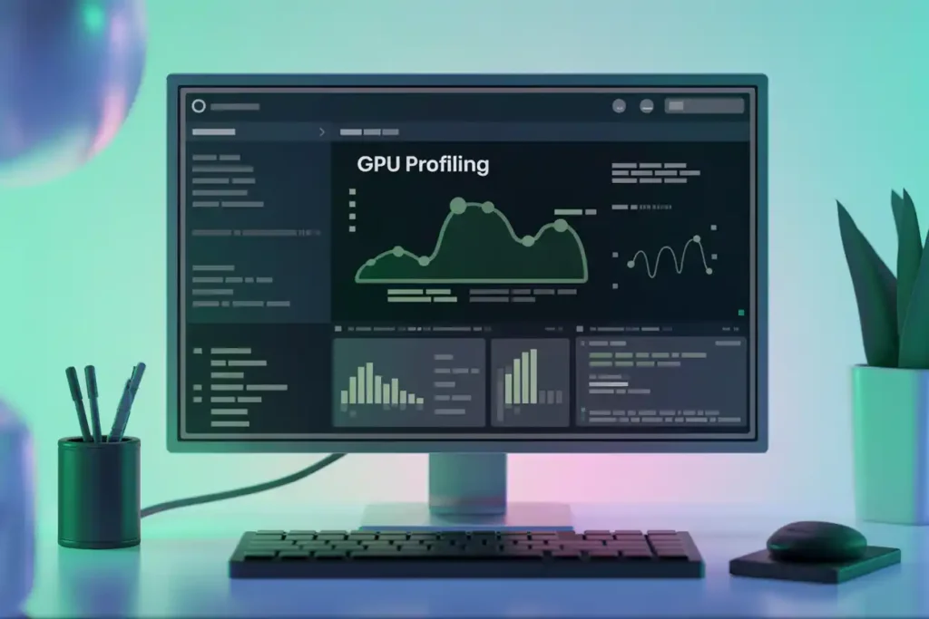 Computer monitor displaying GPU profiling data and performance graphs on a desk with keyboard, mouse, and plant under colorful lighting.