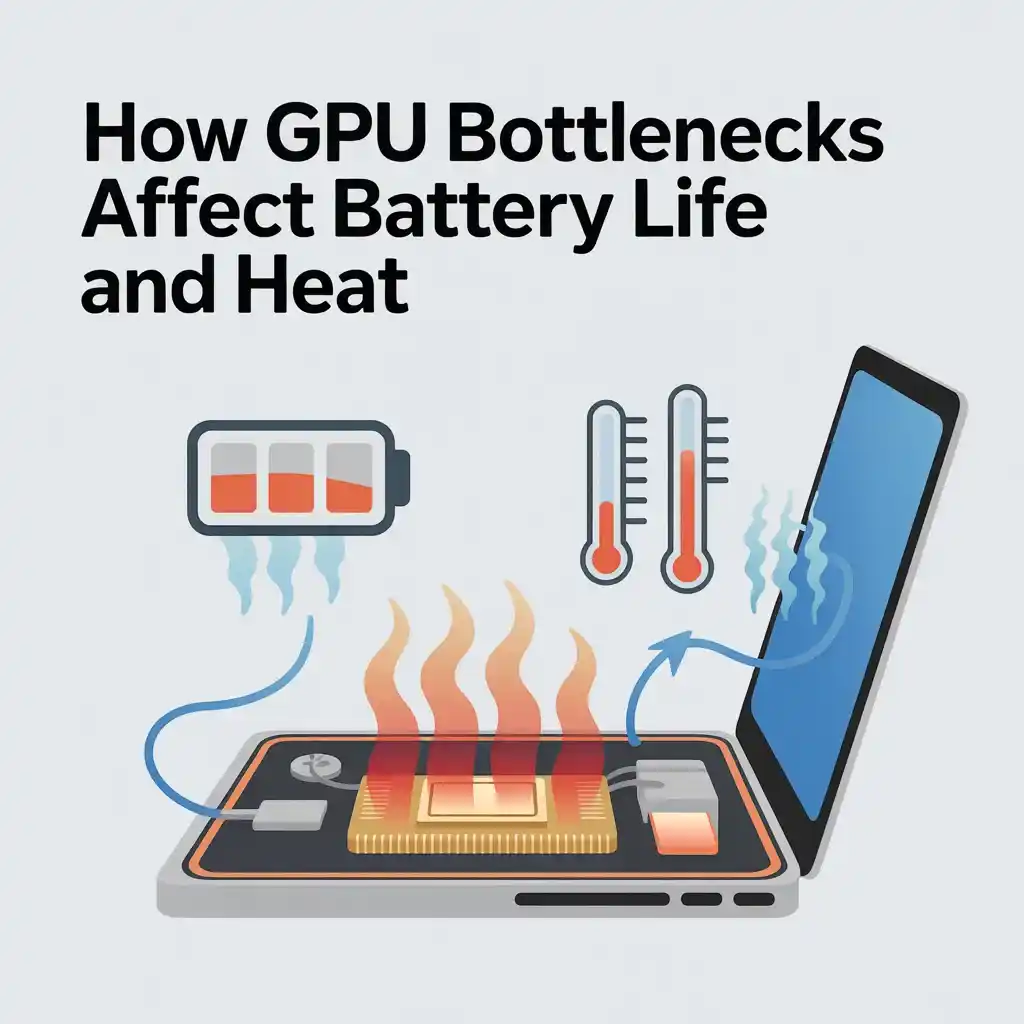 Illustration showing how GPU bottlenecks affect battery life and heat in mobile gaming, with a smartphone overheating and battery draining.