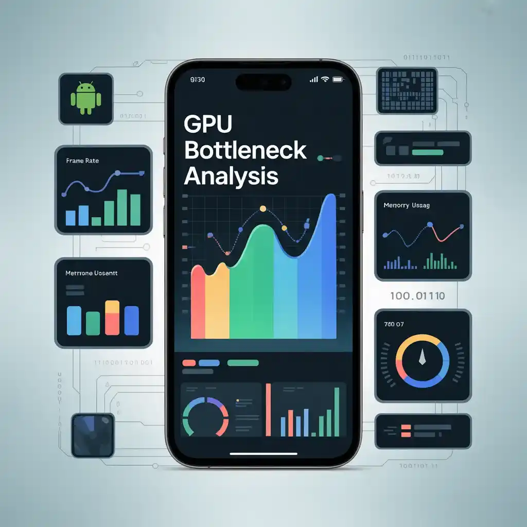 Smartphone screen displaying GPU bottleneck analysis with performance graphs, frame rate chart, and memory usage data for mobile gaming.