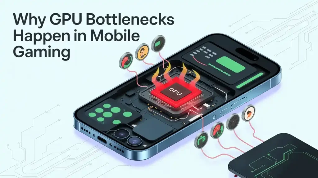 Illustration showing a smartphone with an overheating GPU chip inside, explaining why GPU bottlenecks happen in mobile gaming.