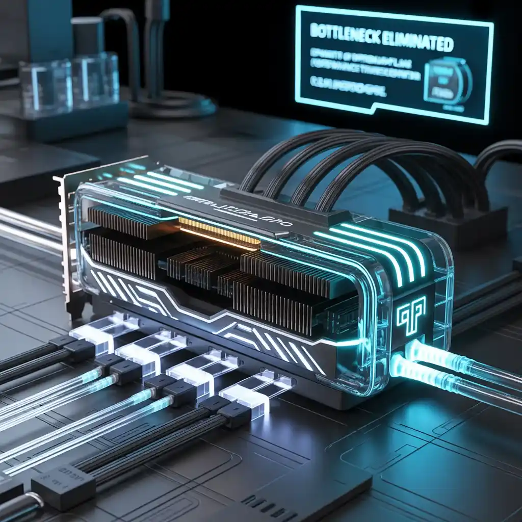 High-performance graphics card with advanced cooling system and illuminated design, illustrating GPU bottleneck elimination in gaming PC setup.